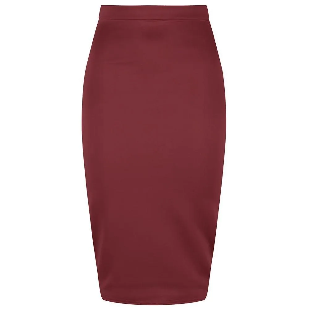 Classic Stretch Burgundy Wine Pencil Bodycon Midi Work Office Skirt