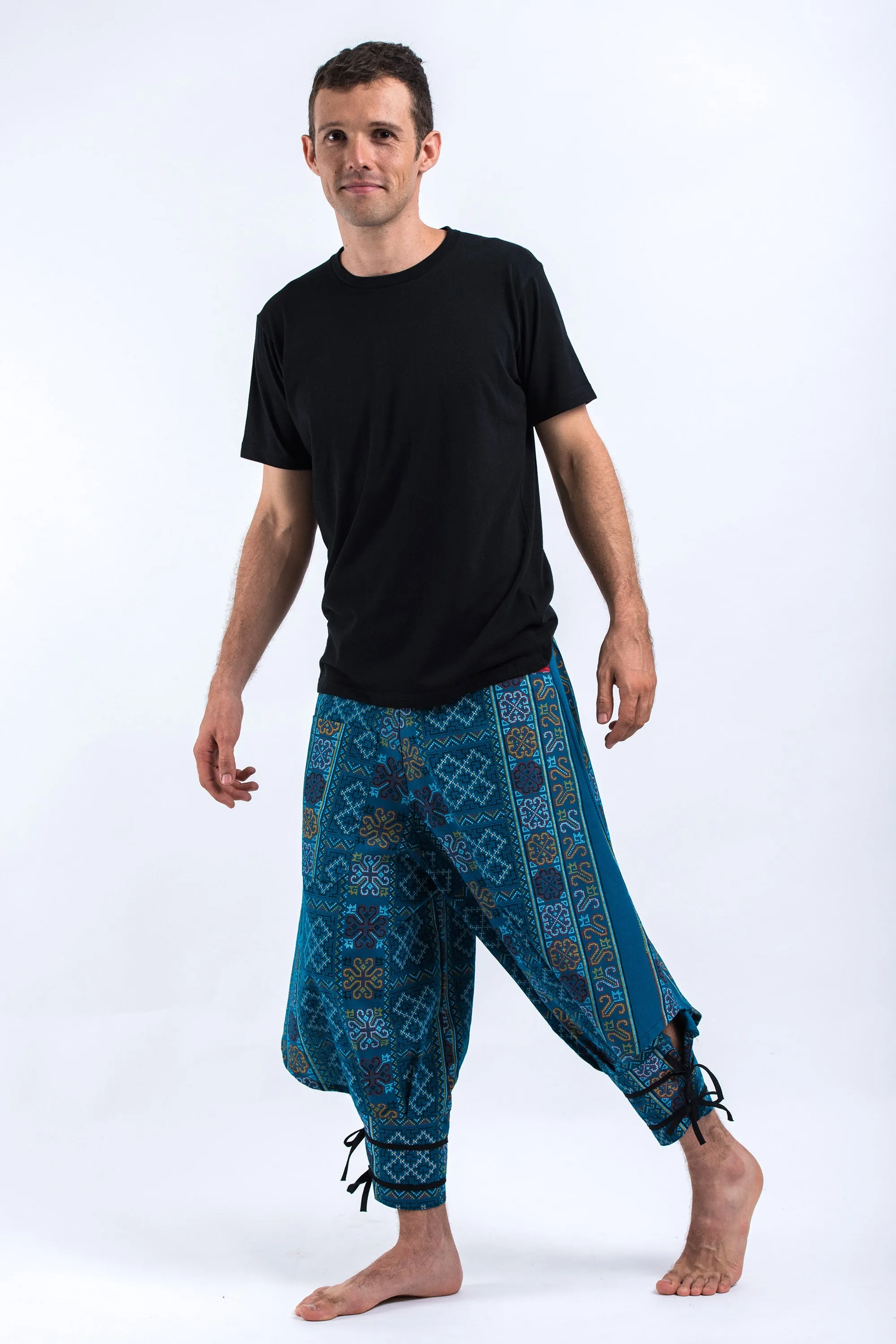 Clovers Thai Hill Tribe Fabric Men's Harem Pants with Ankle Straps in Turquoise