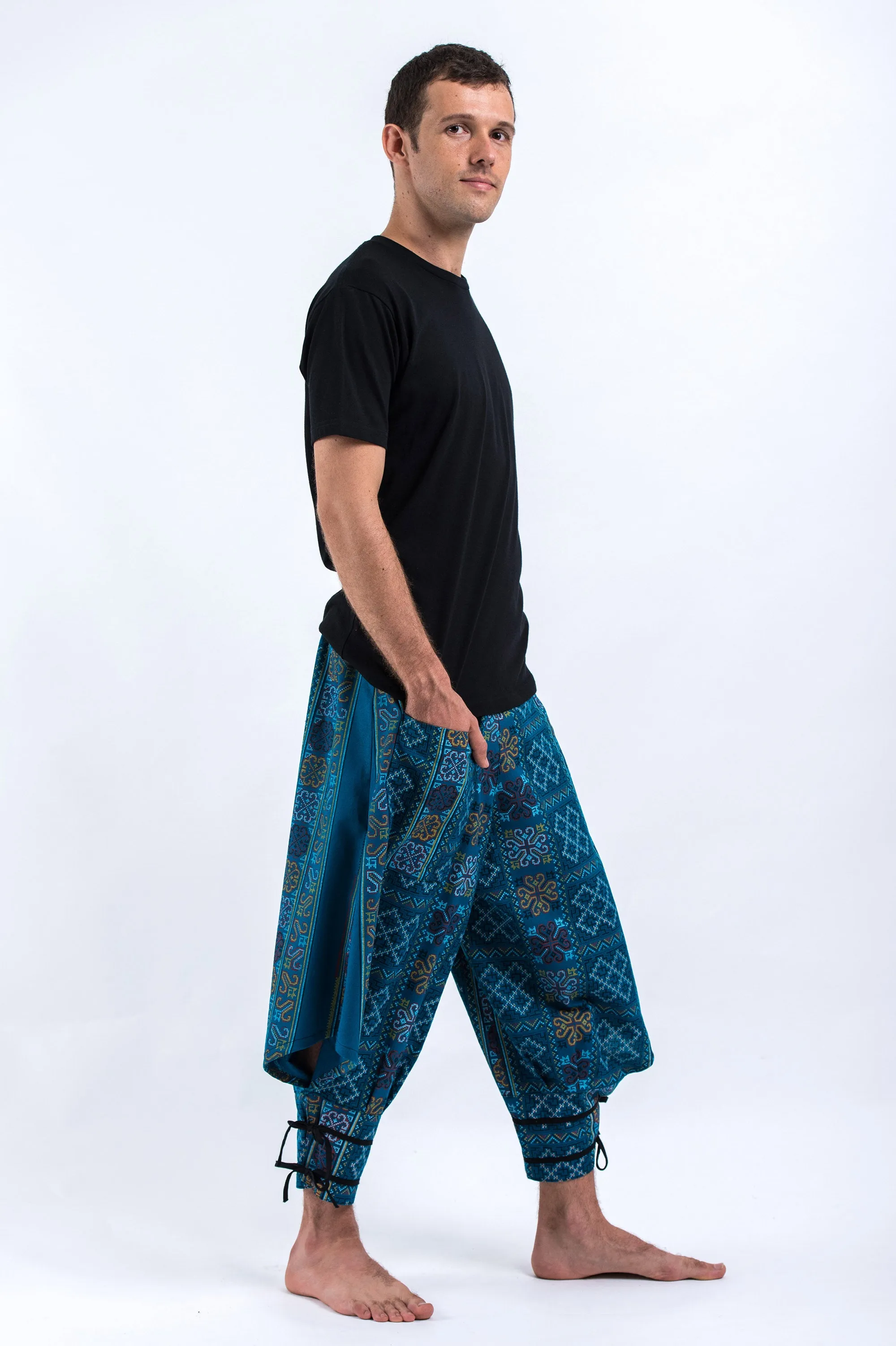 Clovers Thai Hill Tribe Fabric Men's Harem Pants with Ankle Straps in Turquoise