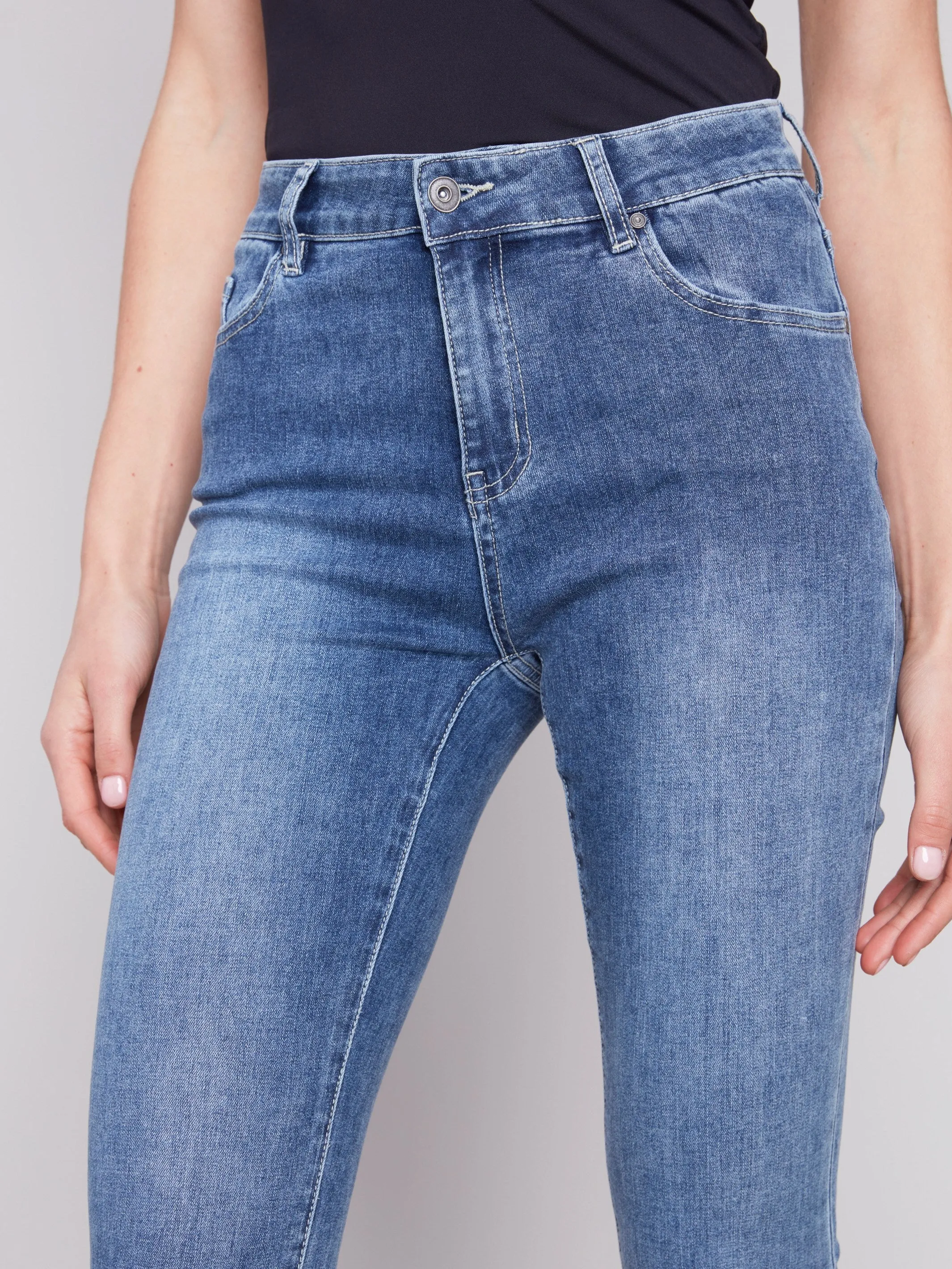 Cropped Bootcut Jeans with Asymmetrical Hem - Medium Blue