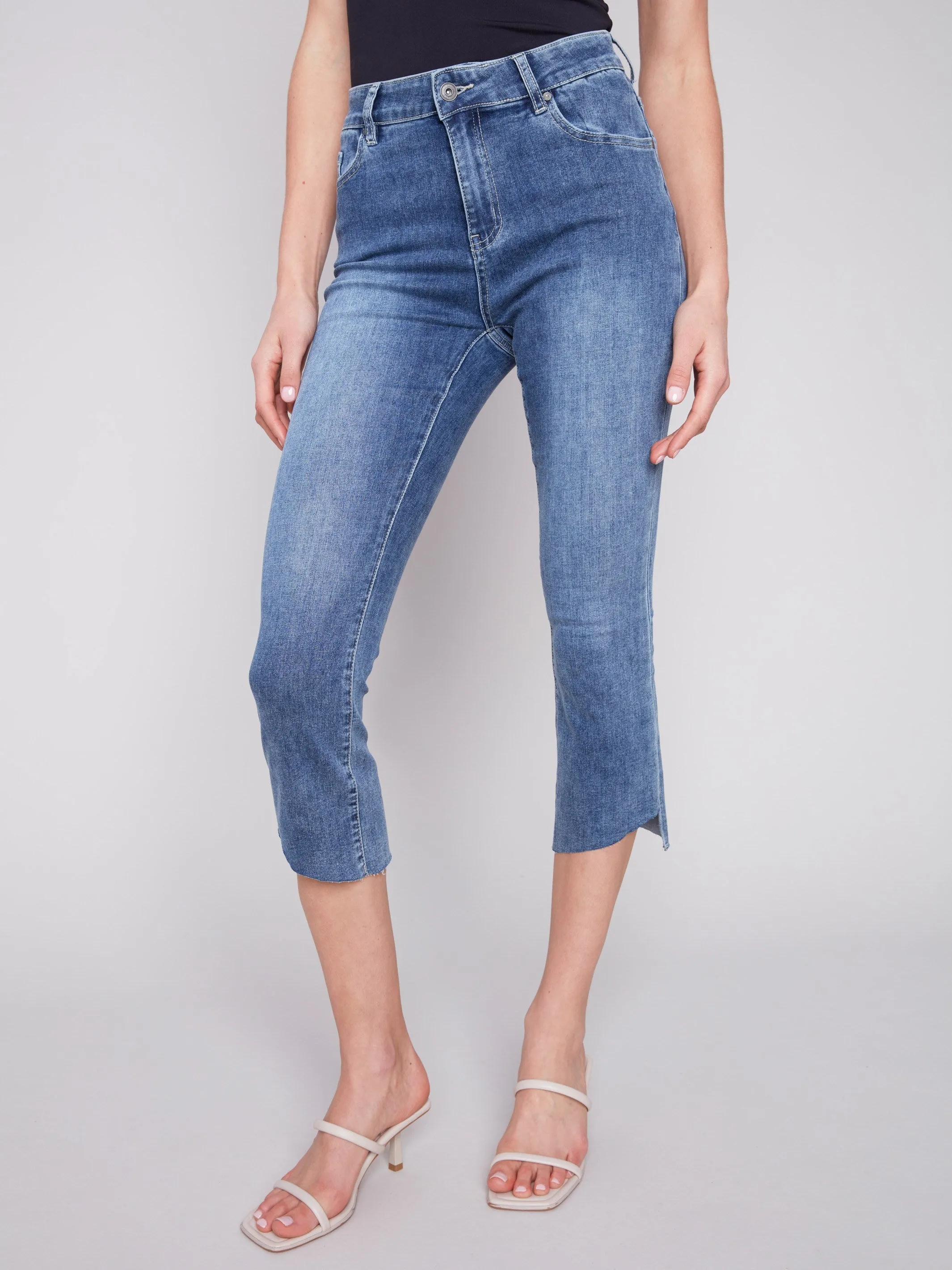 Cropped Bootcut Jeans with Asymmetrical Hem - Medium Blue