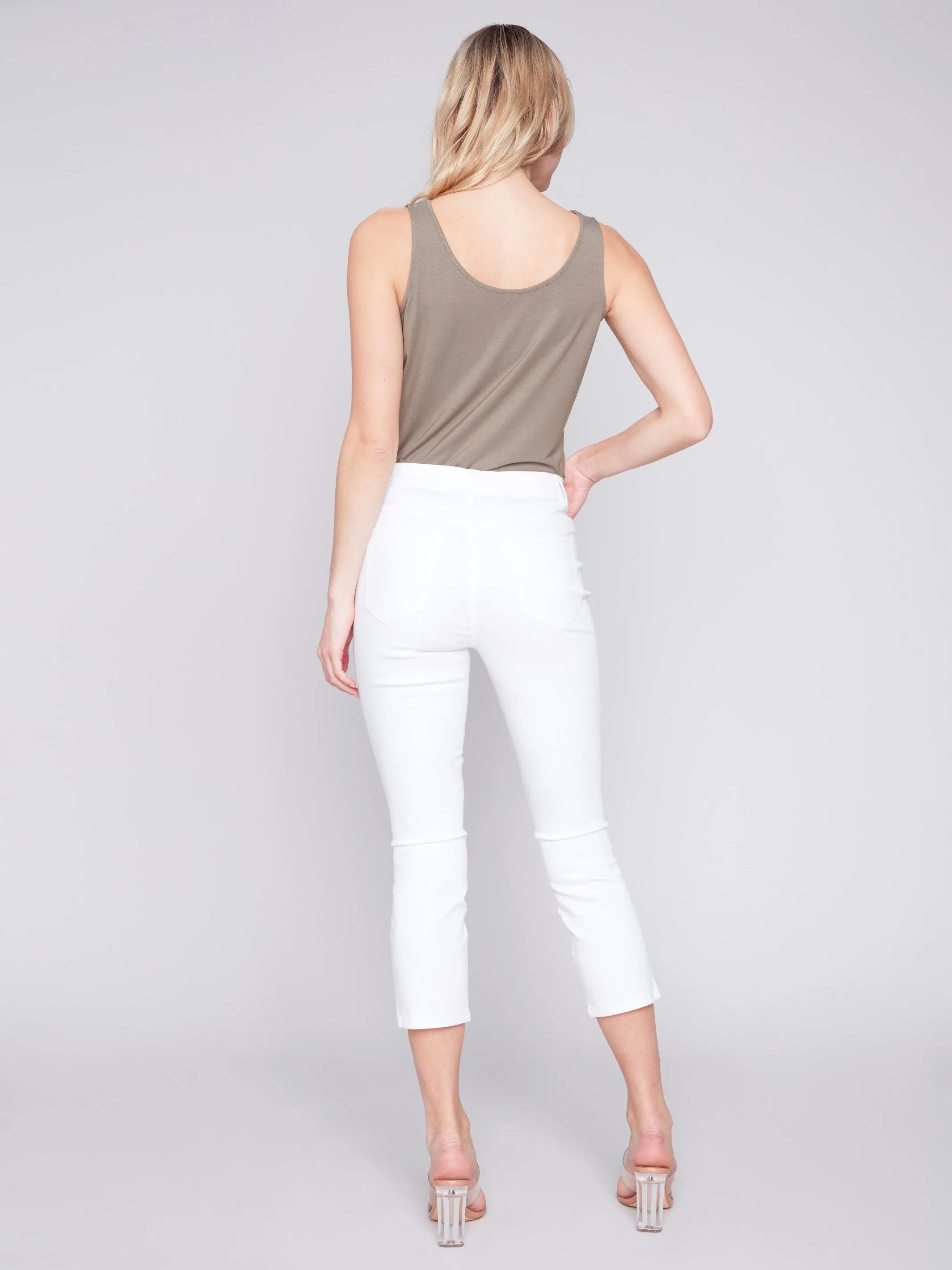 Cropped Twill Pants with Zipper Detail - White