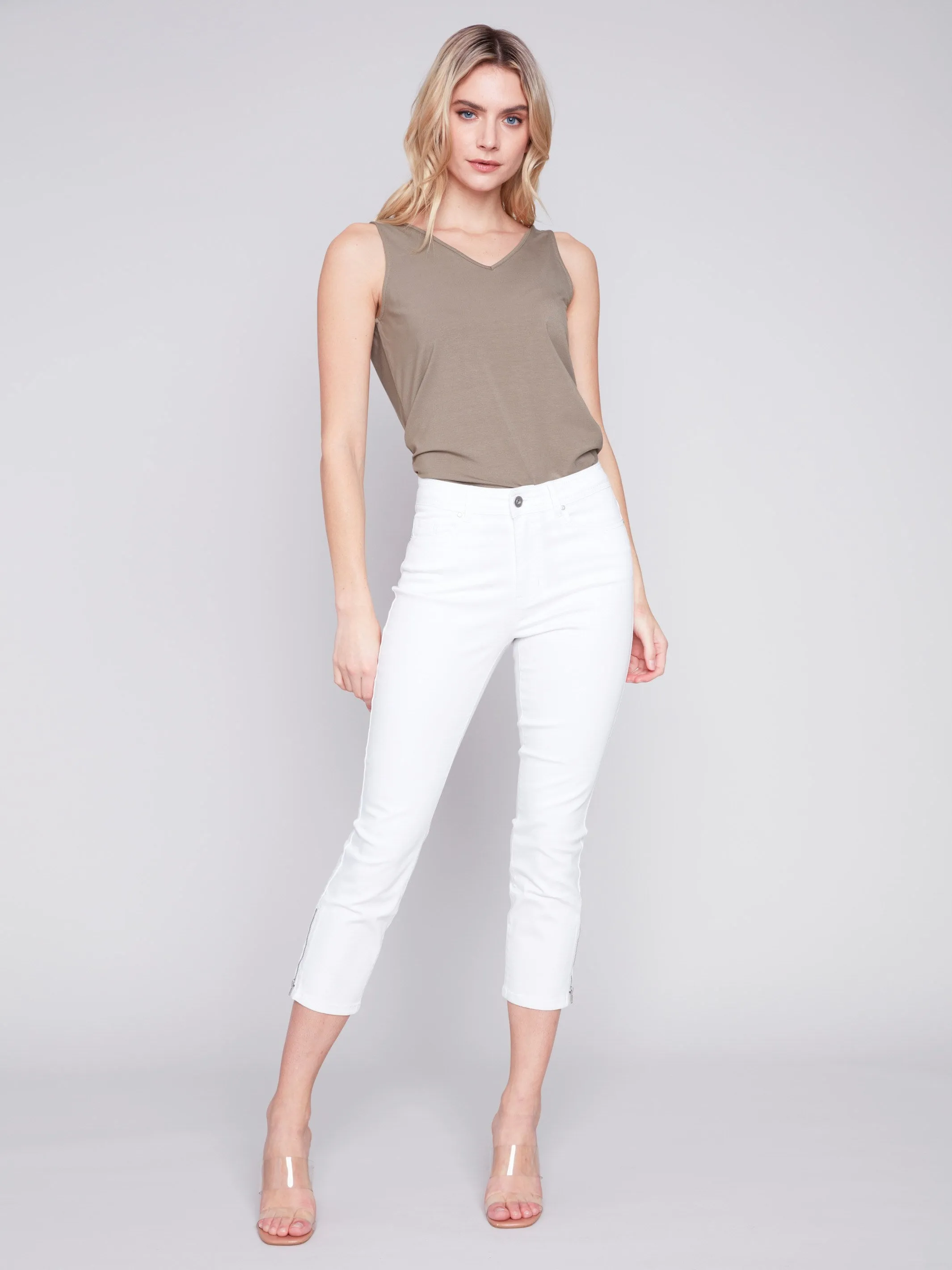 Cropped Twill Pants with Zipper Detail - White