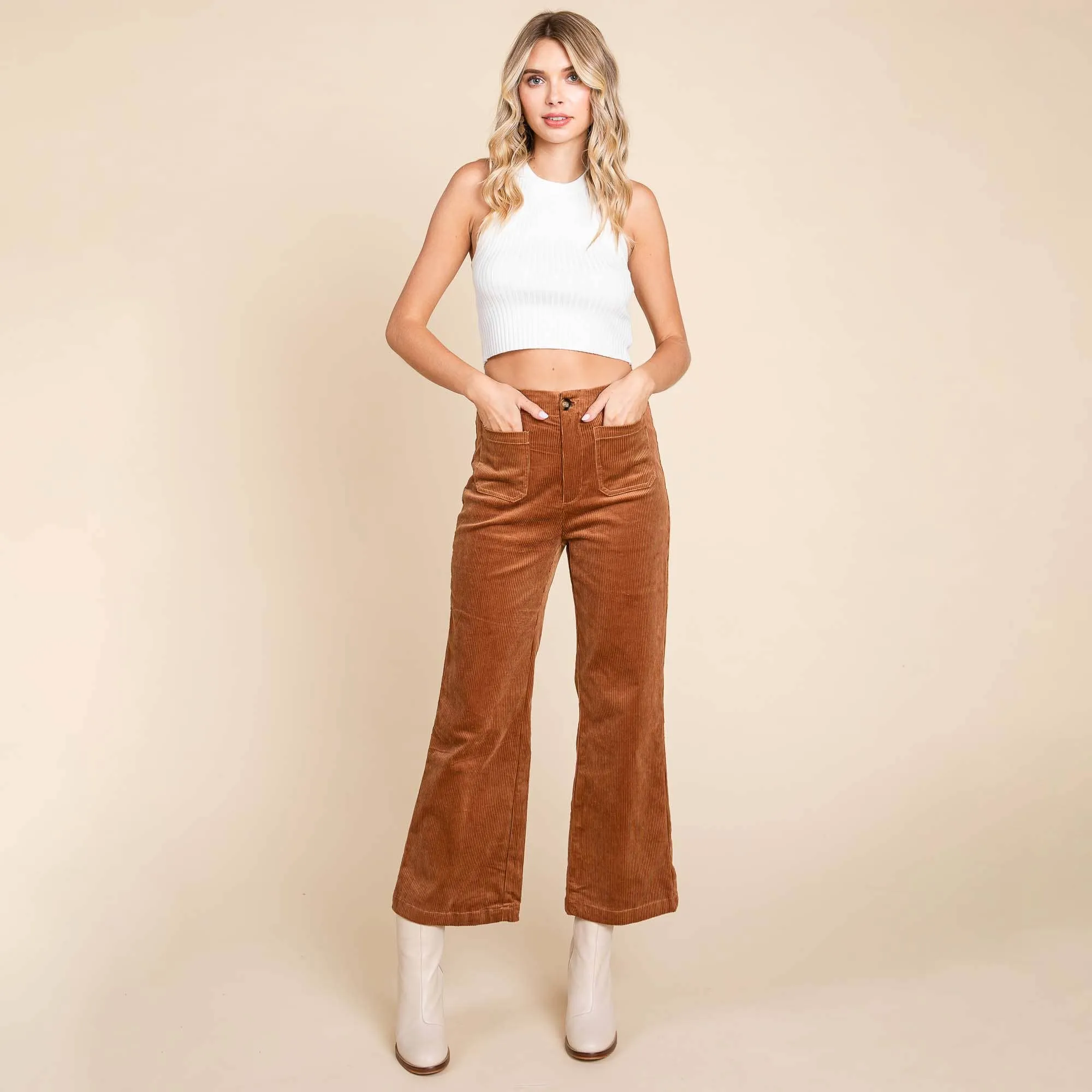 DARK BROWN CORDUROY WIDE LEG HIGH RISE PANTS