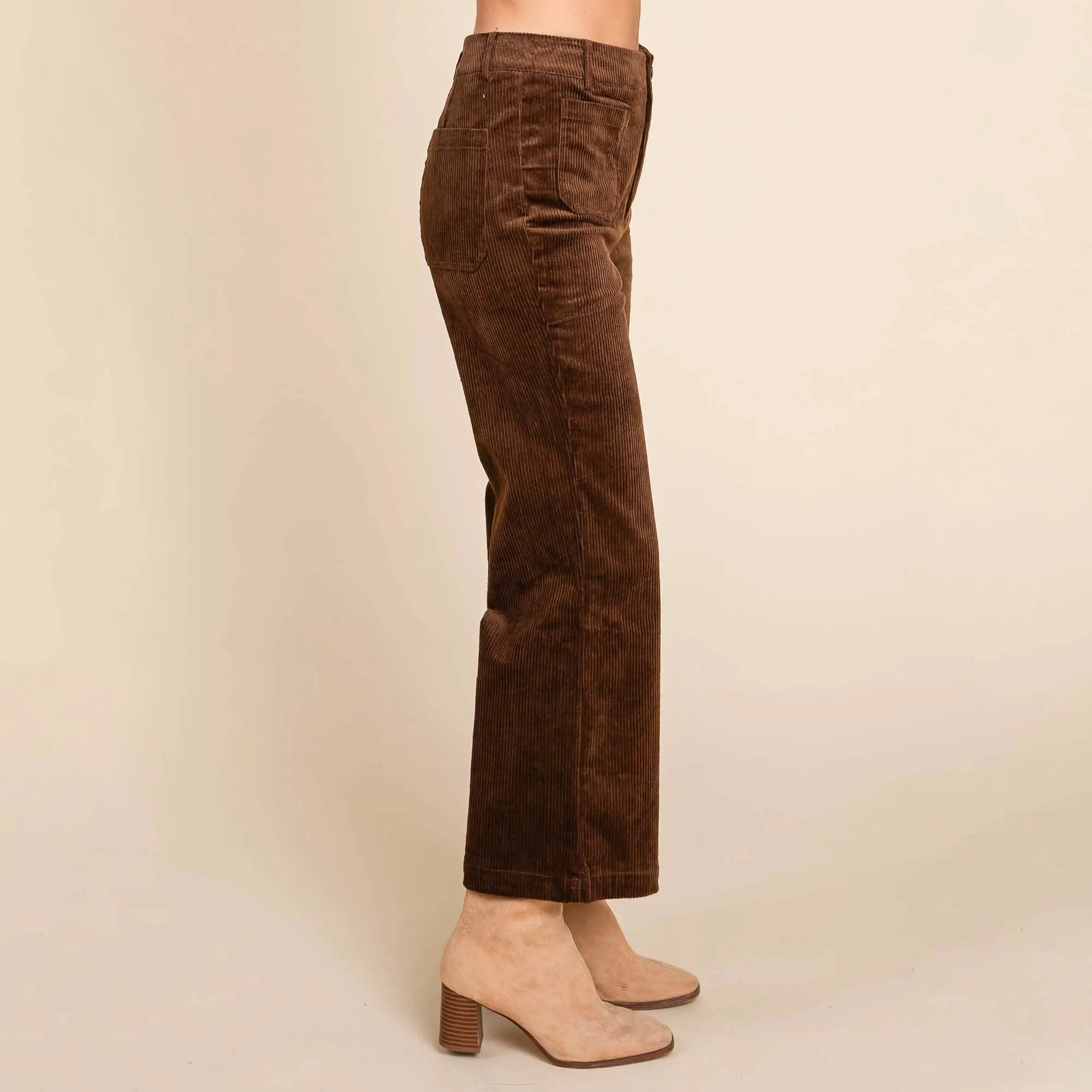 DARK BROWN CORDUROY WIDE LEG HIGH RISE PANTS