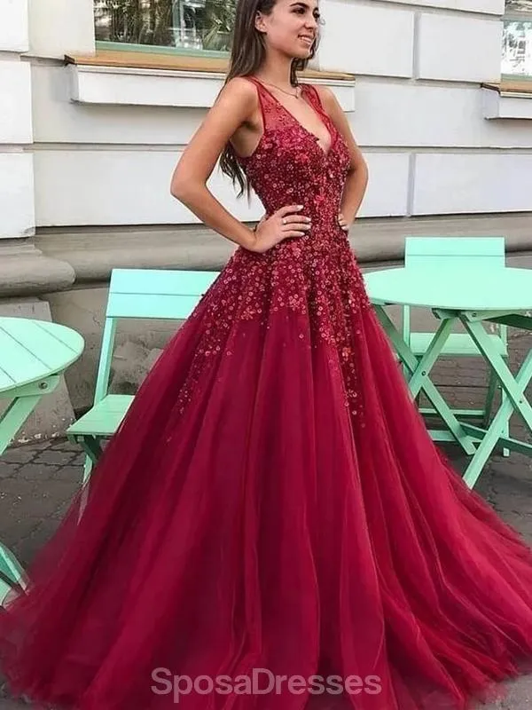 Dark Red V Neck A-line Tulle Long Evening Prom Dresses, Evening Party Prom Dresses, 12179