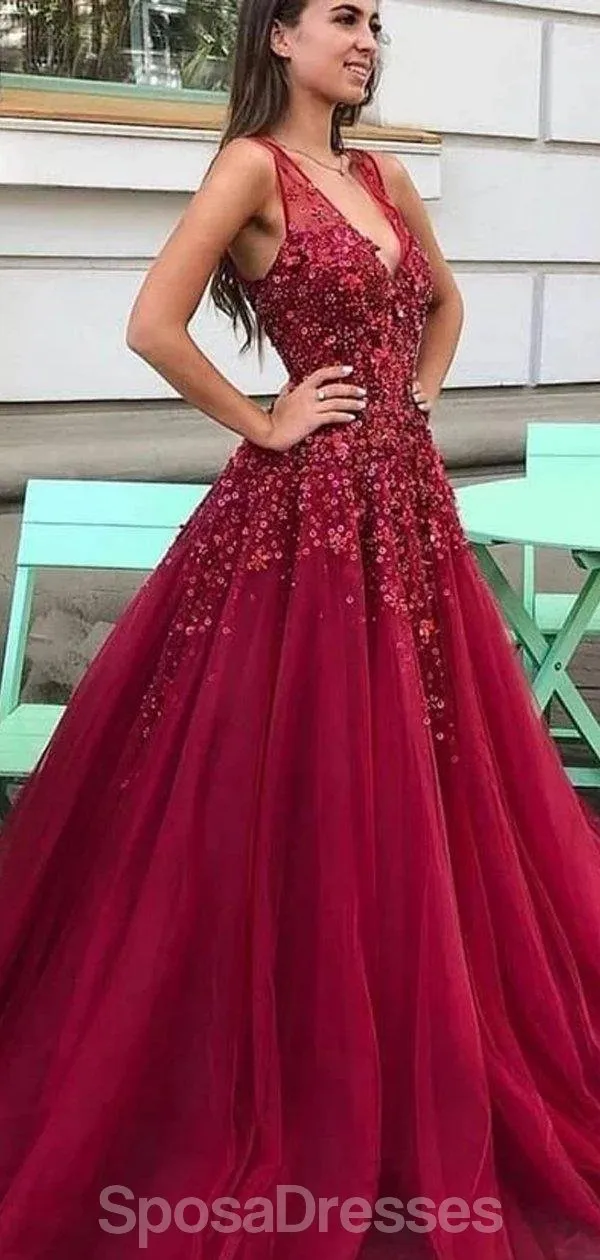 Dark Red V Neck A-line Tulle Long Evening Prom Dresses, Evening Party Prom Dresses, 12179