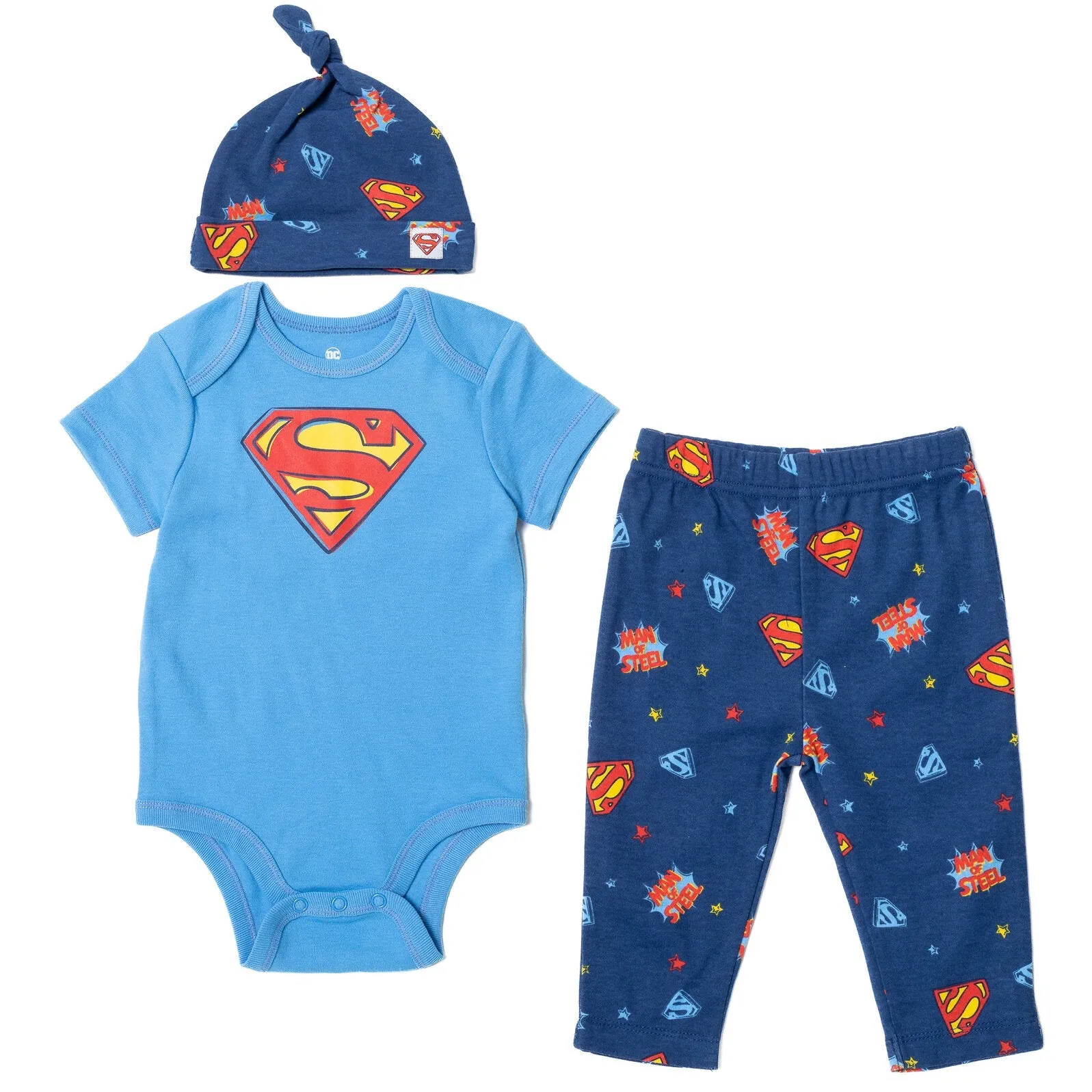 DC Comics Justice League Superman Bodysuit Pants and Hat 3 Piece Outfit Set