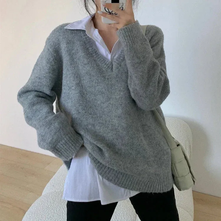 deanwangkt Woman Sweaters Autumn Winter Korean New Pullovers Raglan Sleeve V Neck Knitted Tops Casual Loose Jumpers Gray Blue