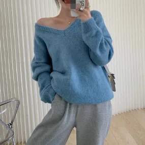 deanwangkt Woman Sweaters Autumn Winter Korean New Pullovers Raglan Sleeve V Neck Knitted Tops Casual Loose Jumpers Gray Blue