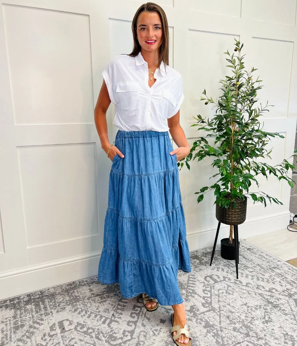 Denim Tiered Midi Skirt