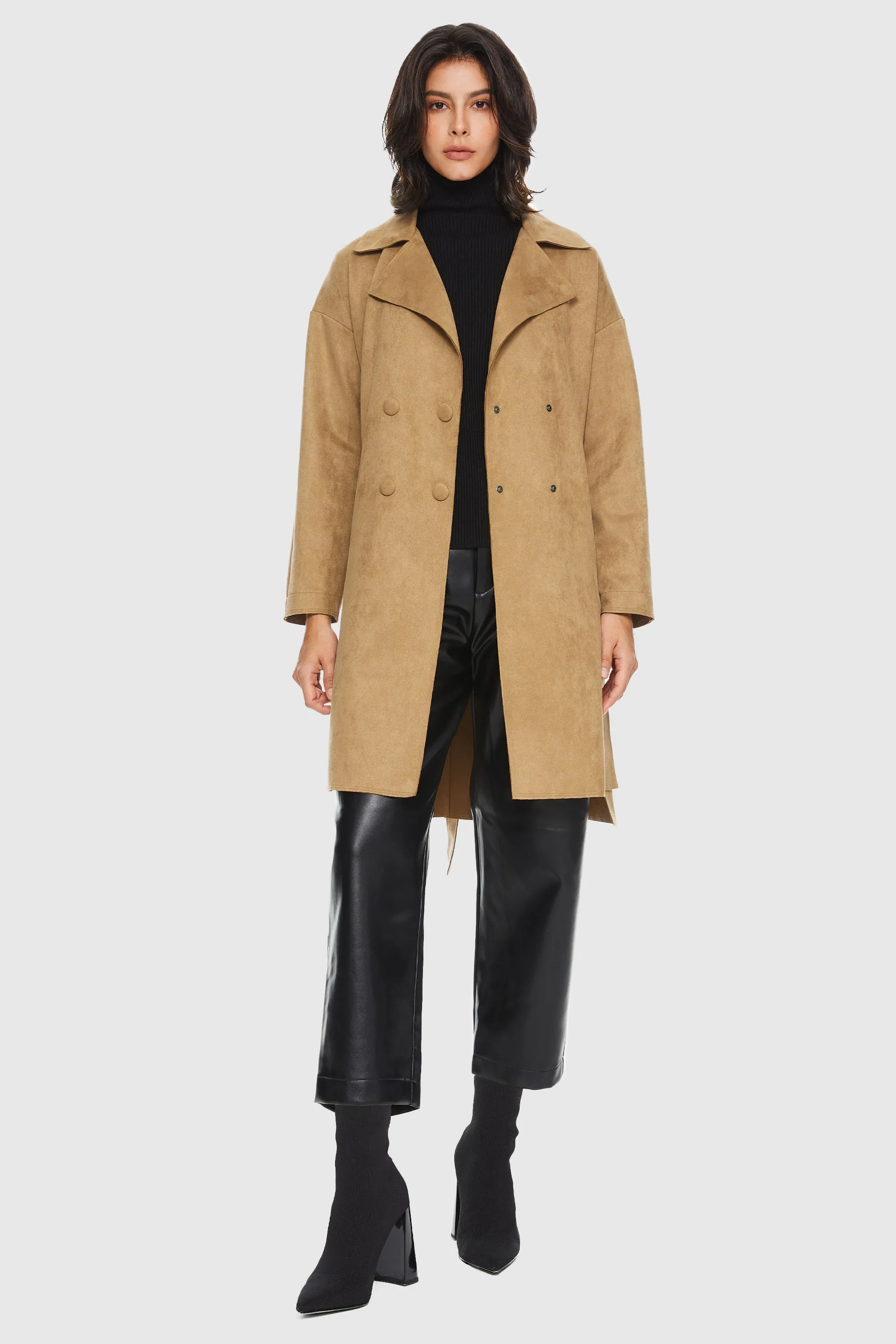 Double Breasted Faux Suede Trench Coat