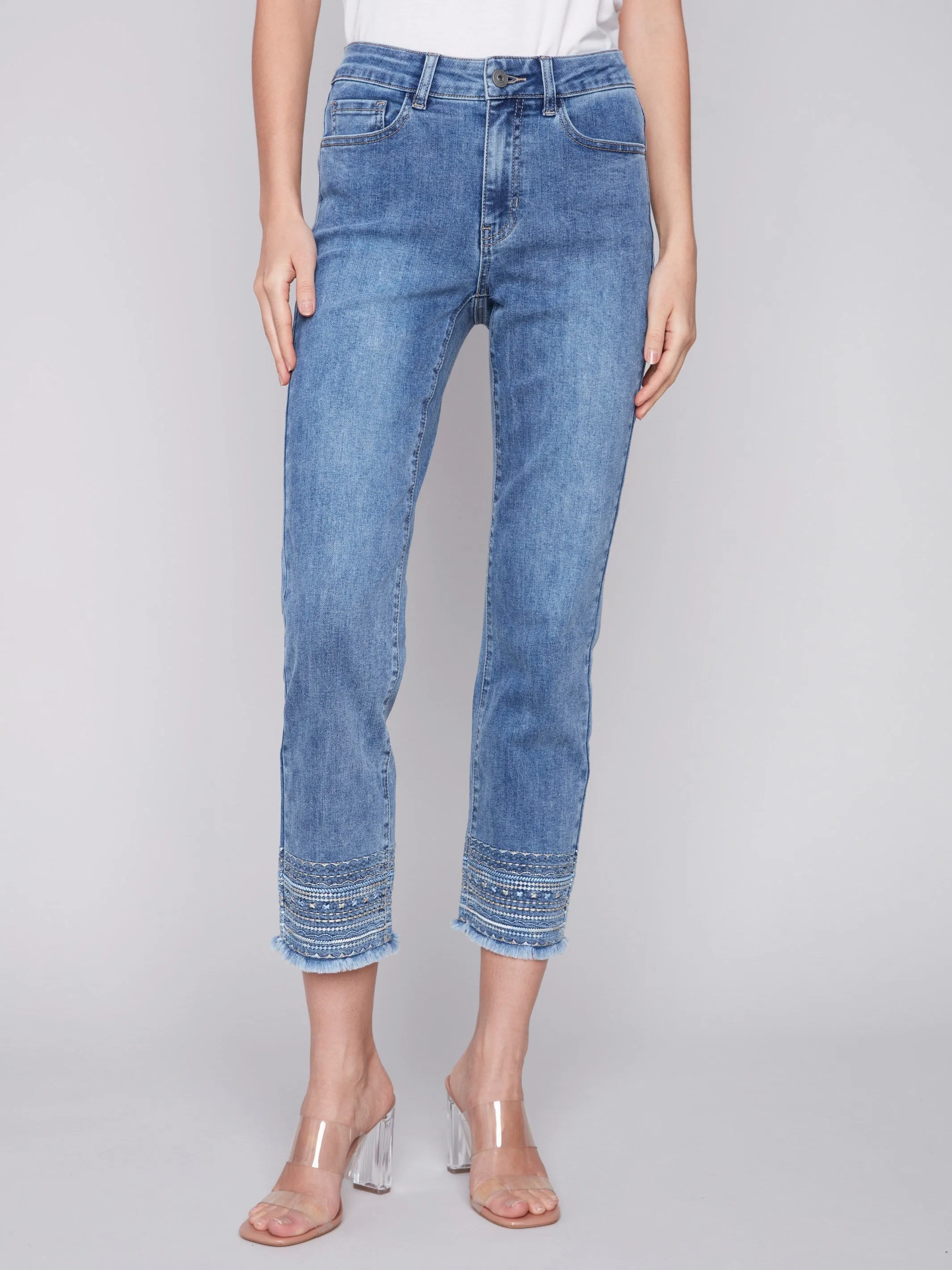 Embroidered Hem Jeans - Medium Blue