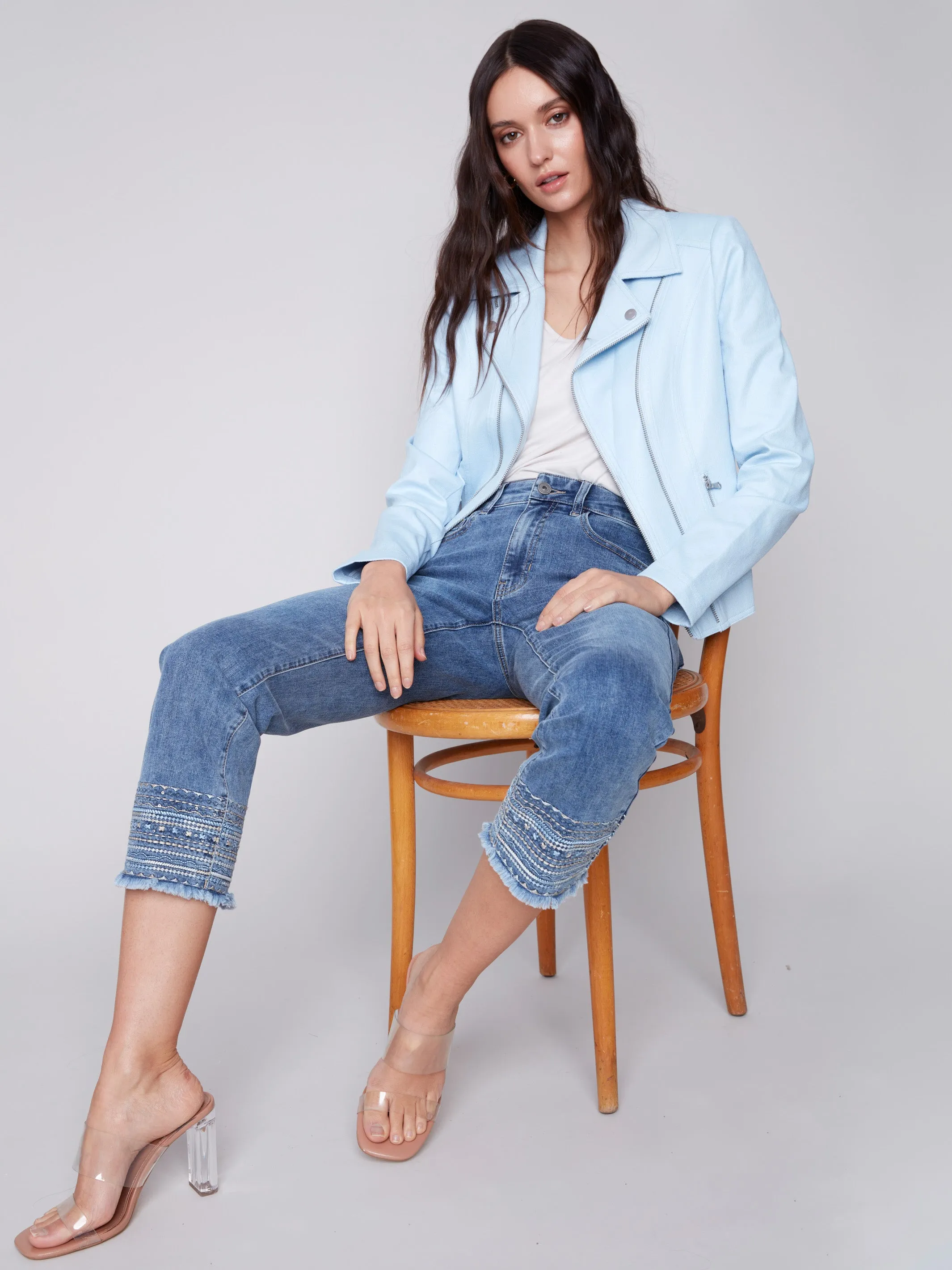 Embroidered Hem Jeans - Medium Blue