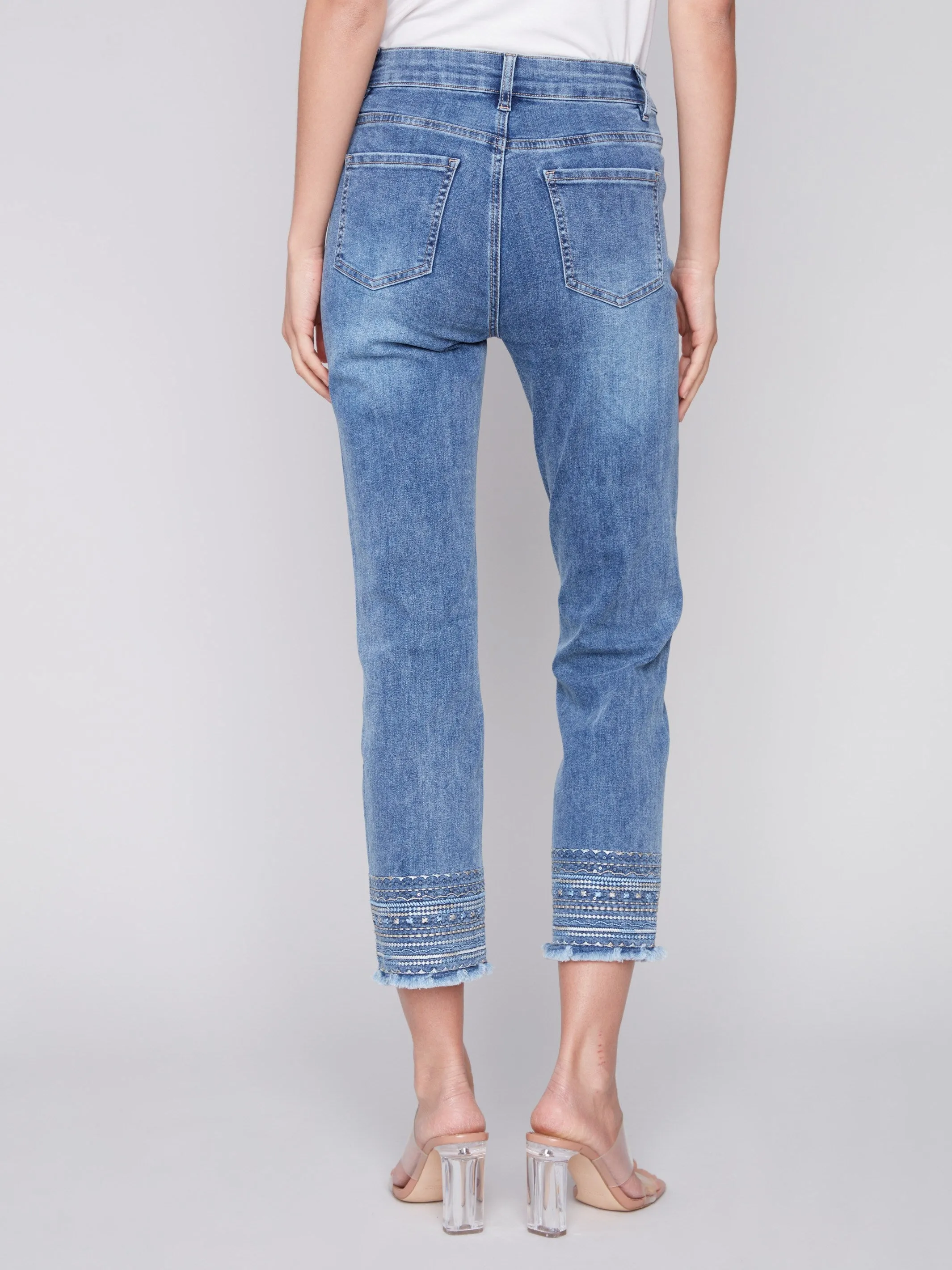 Embroidered Hem Jeans - Medium Blue