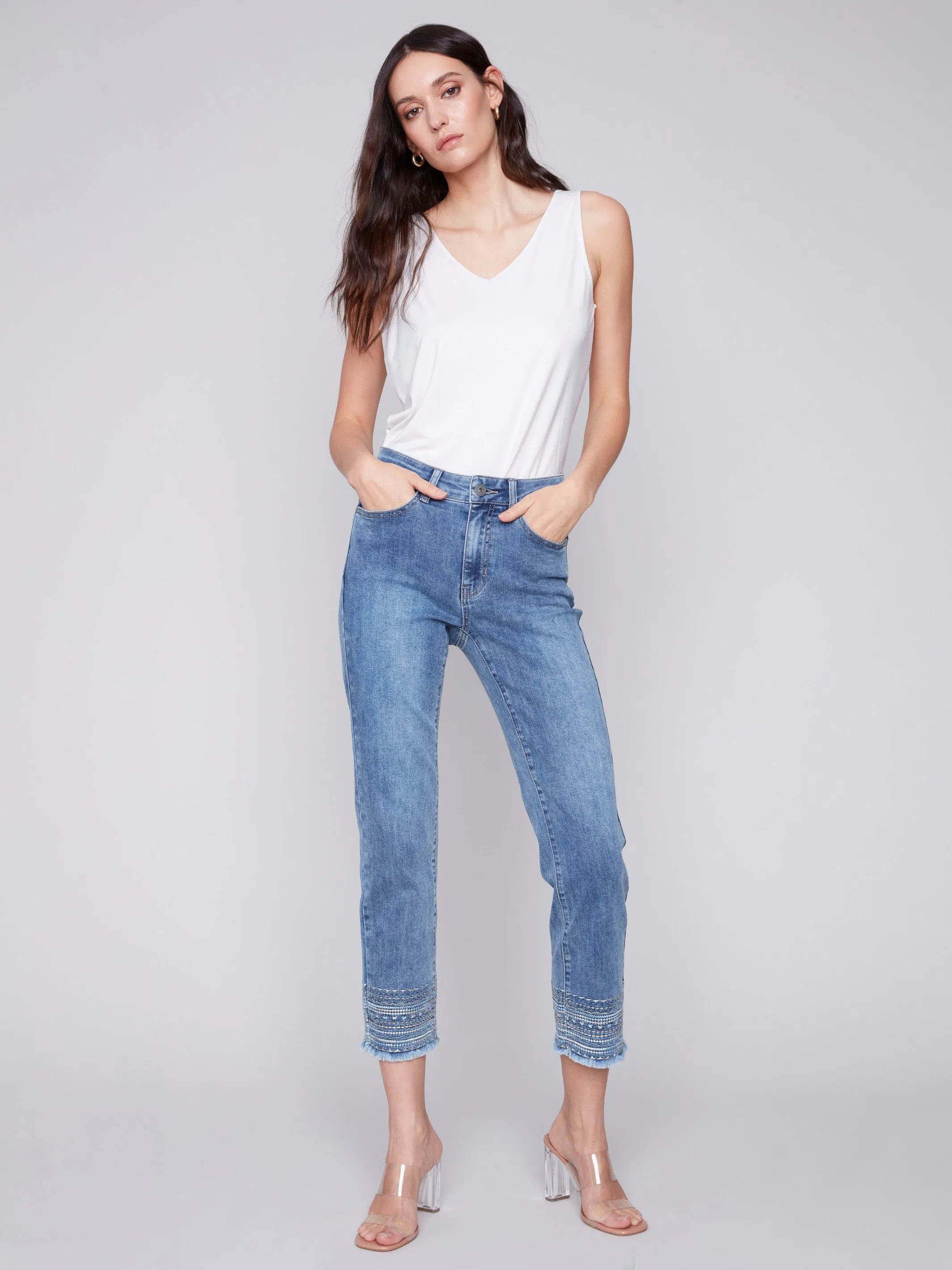 Embroidered Hem Jeans - Medium Blue