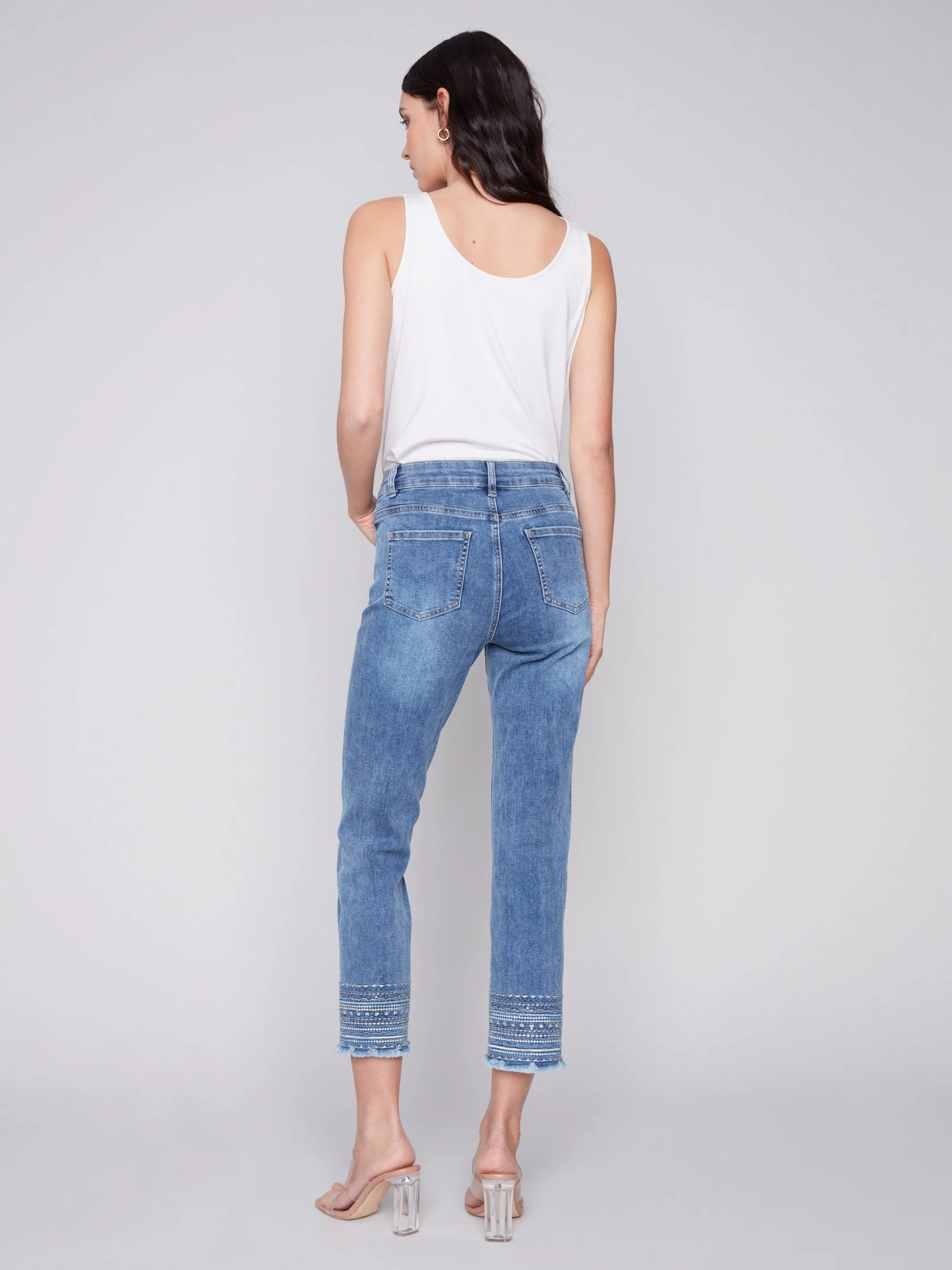 Embroidered Hem Jeans - Medium Blue