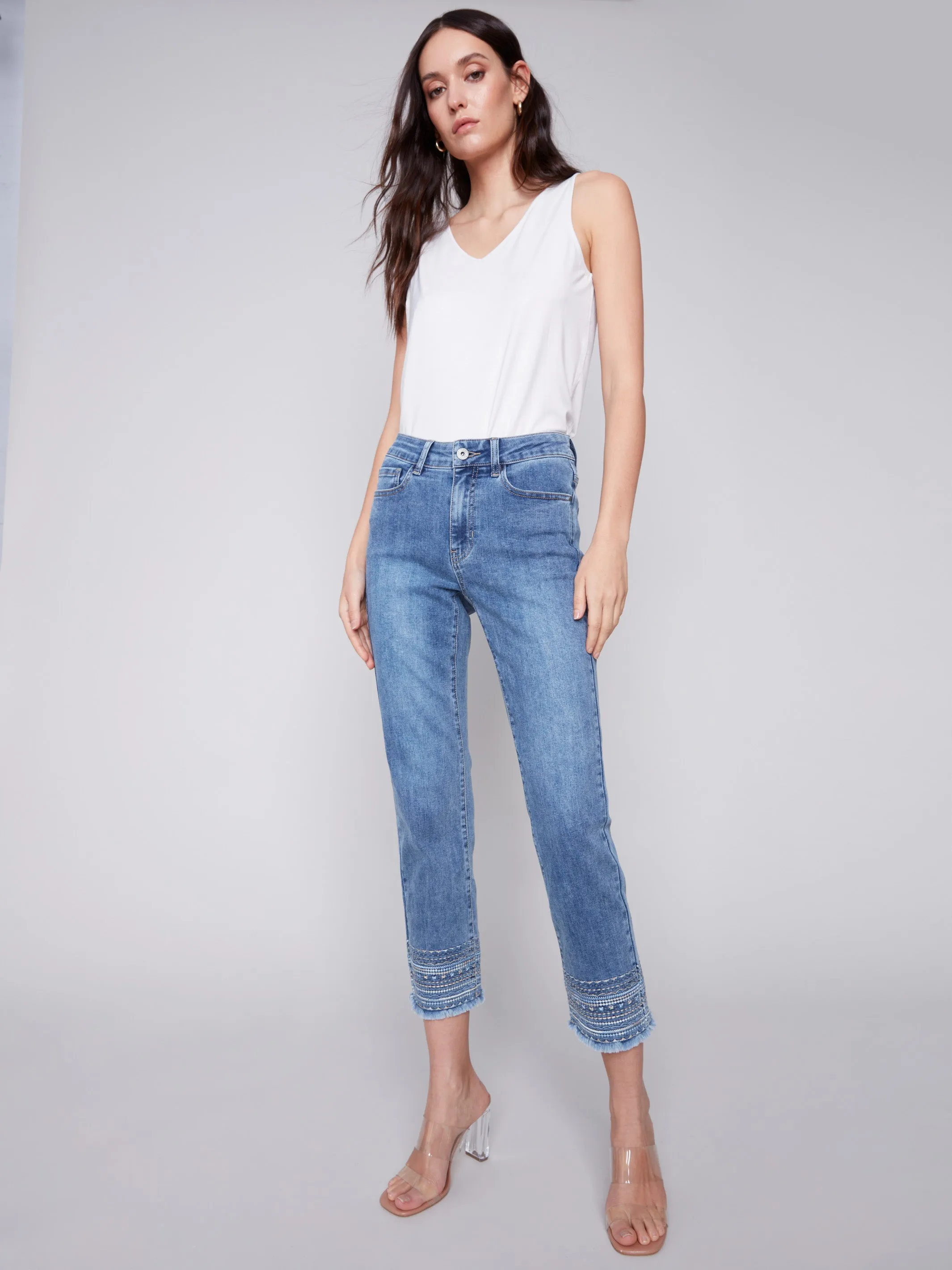 Embroidered Hem Jeans - Medium Blue