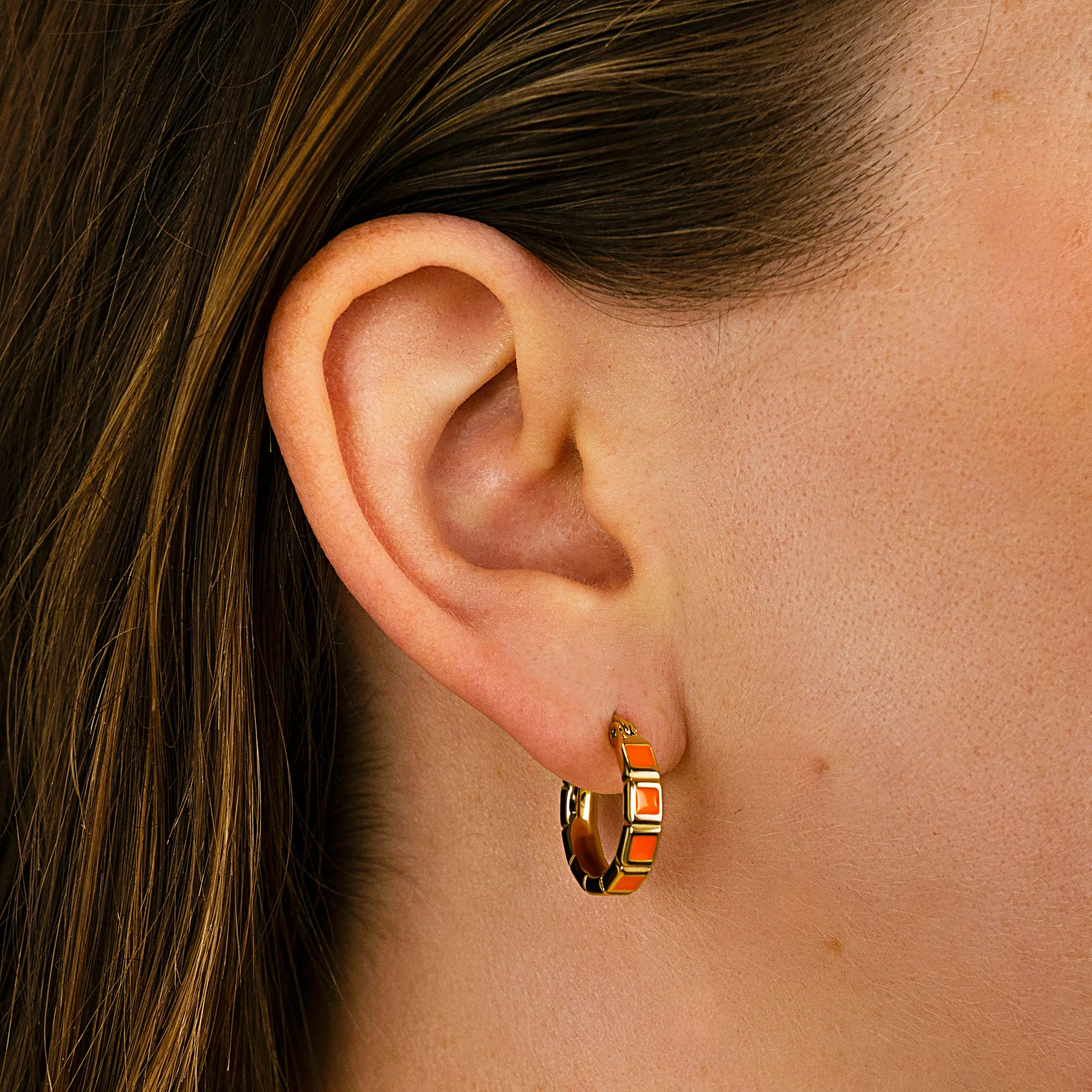 Essentielle Orange Block Hoop Earrings, Gold Colour