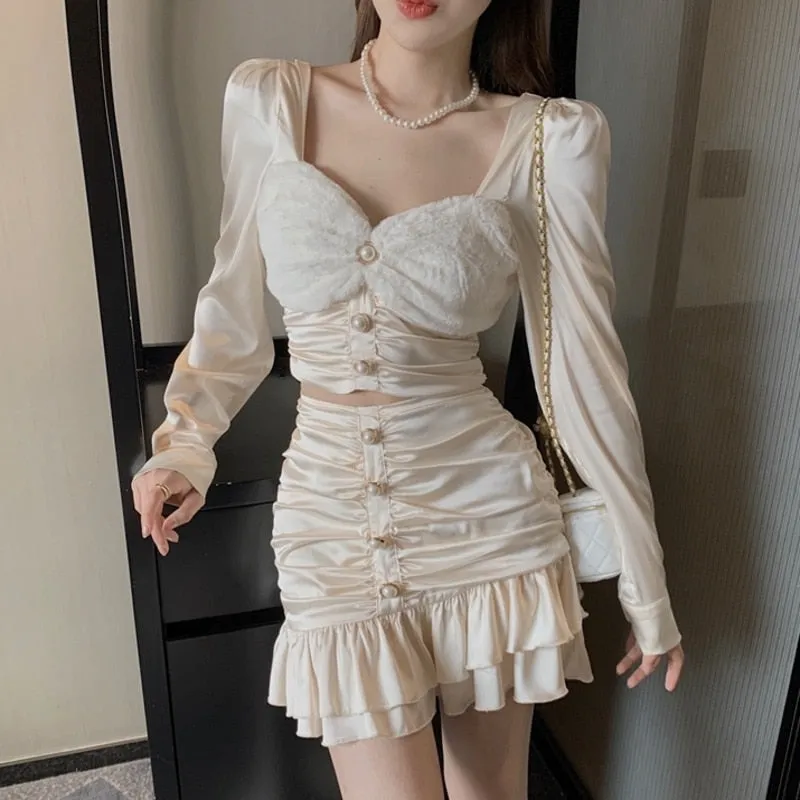 Fall Korean Sweet Two Piece Set Women Sexy Mink Velvet Patchwork Crop Top   Bodycon Skirts Sets Super-Short Shirt 2 Piece Suits  Fairy Dress