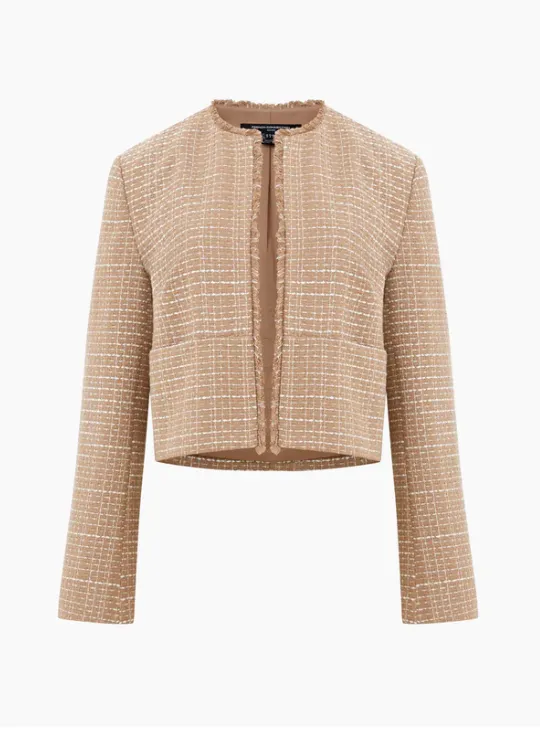 French Connection Effie Boucle Collarless Blazer Jacket in Cream and Camel