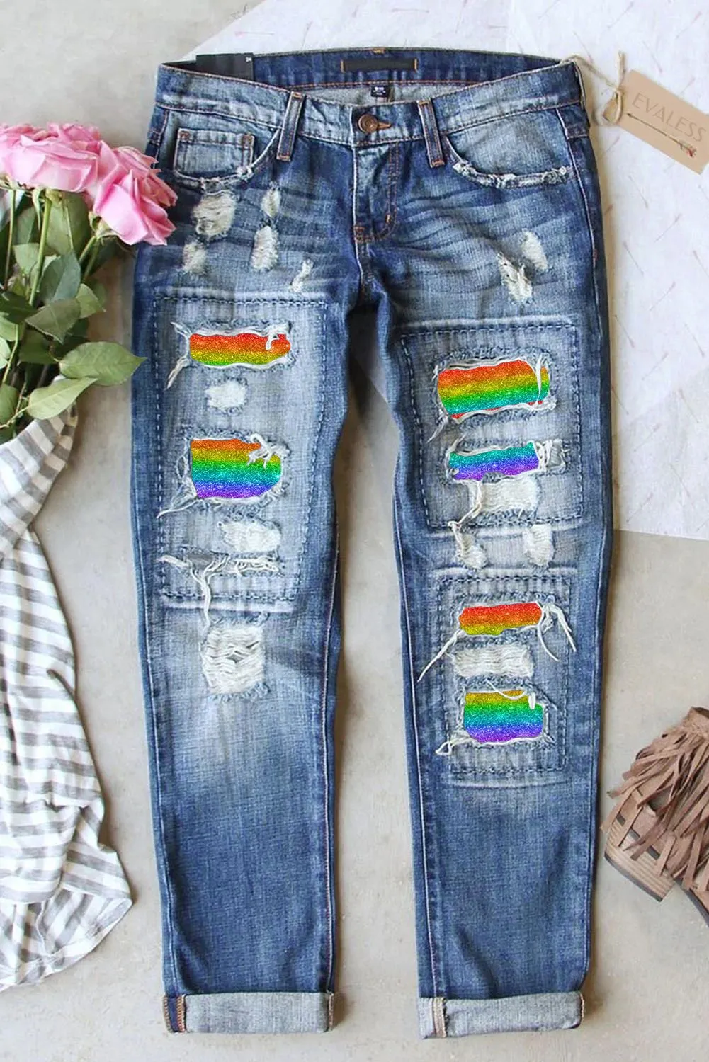 Gay Pride Rainbow Boyfriend Jeans for Women Ripped Denim Pants