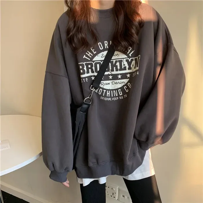 Getadme Harajuku Gray Sweatshirts Women Hip Hop Letter Print Hoodies Oversized Loose Crewneck Pullover Tops Korean Streetwear