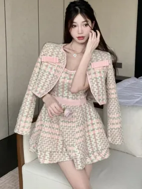 Getadme High Quality Small Fragrance Tweed Two Piece Set Women Short Jacket Coat   Sexy Dress Set Korean Fashion Sweet 2 Piece Suits