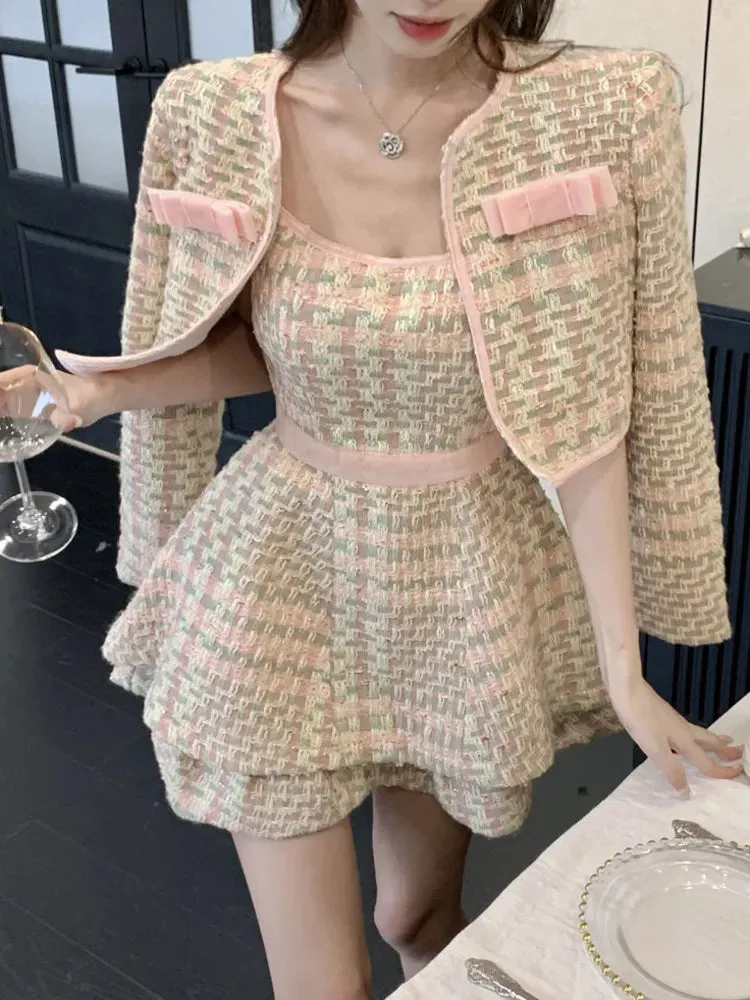 Getadme High Quality Small Fragrance Tweed Two Piece Set Women Short Jacket Coat   Sexy Dress Set Korean Fashion Sweet 2 Piece Suits