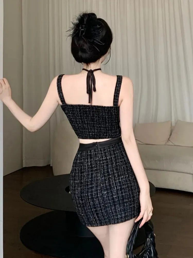 Getadme High Street Small Fragrance Tweed Two Piece Set For Women Vest Tops   Bodycon Skirt Suits Summer HotSweet Sexy 2 Piece Outfits