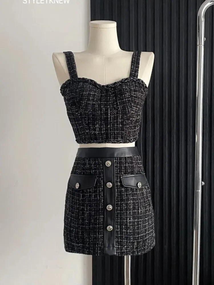 Getadme High Street Small Fragrance Tweed Two Piece Set For Women Vest Tops   Bodycon Skirt Suits Summer HotSweet Sexy 2 Piece Outfits