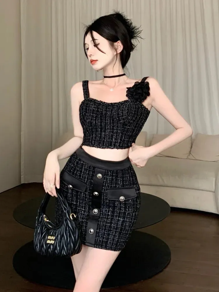 Getadme High Street Small Fragrance Tweed Two Piece Set For Women Vest Tops   Bodycon Skirt Suits Summer HotSweet Sexy 2 Piece Outfits