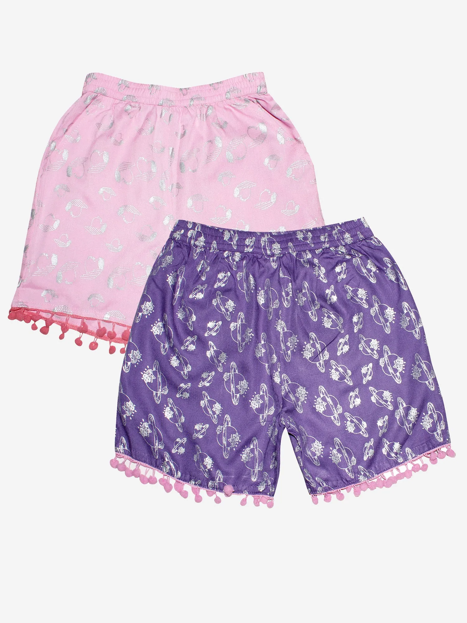 Girls Printed Rayon Shorts with Lace- Pack of 2