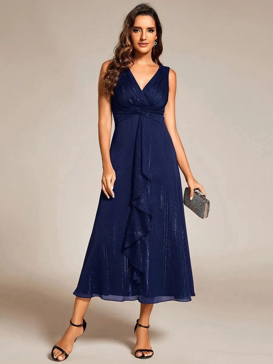 Glitter Sleeveless A-Line Midi Wedding Guest Dress with Ruffled Hem