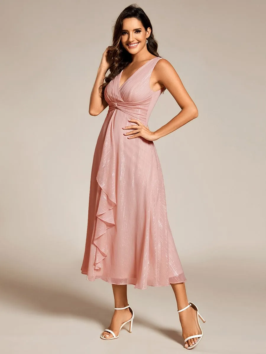 Glitter Sleeveless A-Line Midi Wedding Guest Dress with Ruffled Hem