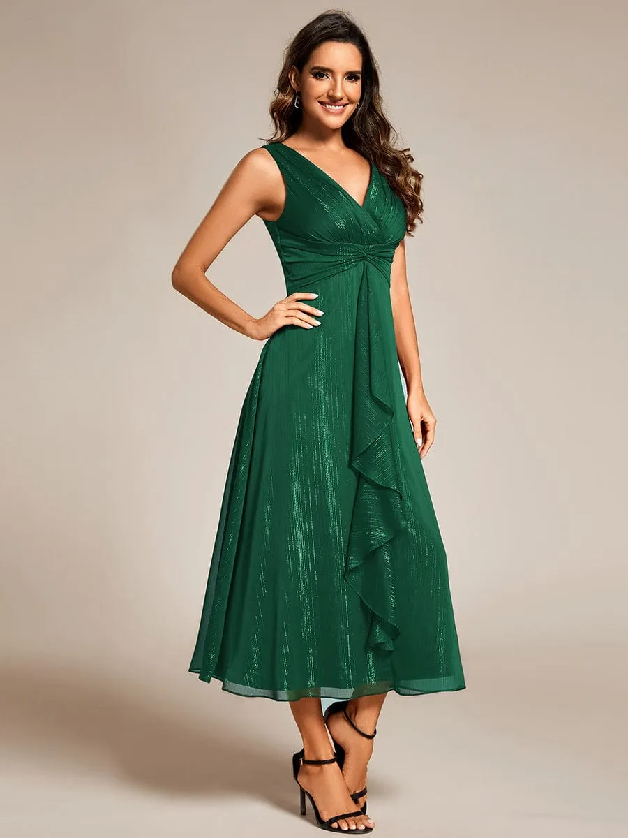 Glitter Sleeveless A-Line Midi Wedding Guest Dress with Ruffled Hem