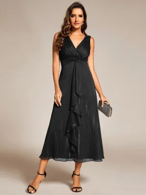 Glitter Sleeveless A-Line Midi Wedding Guest Dress with Ruffled Hem