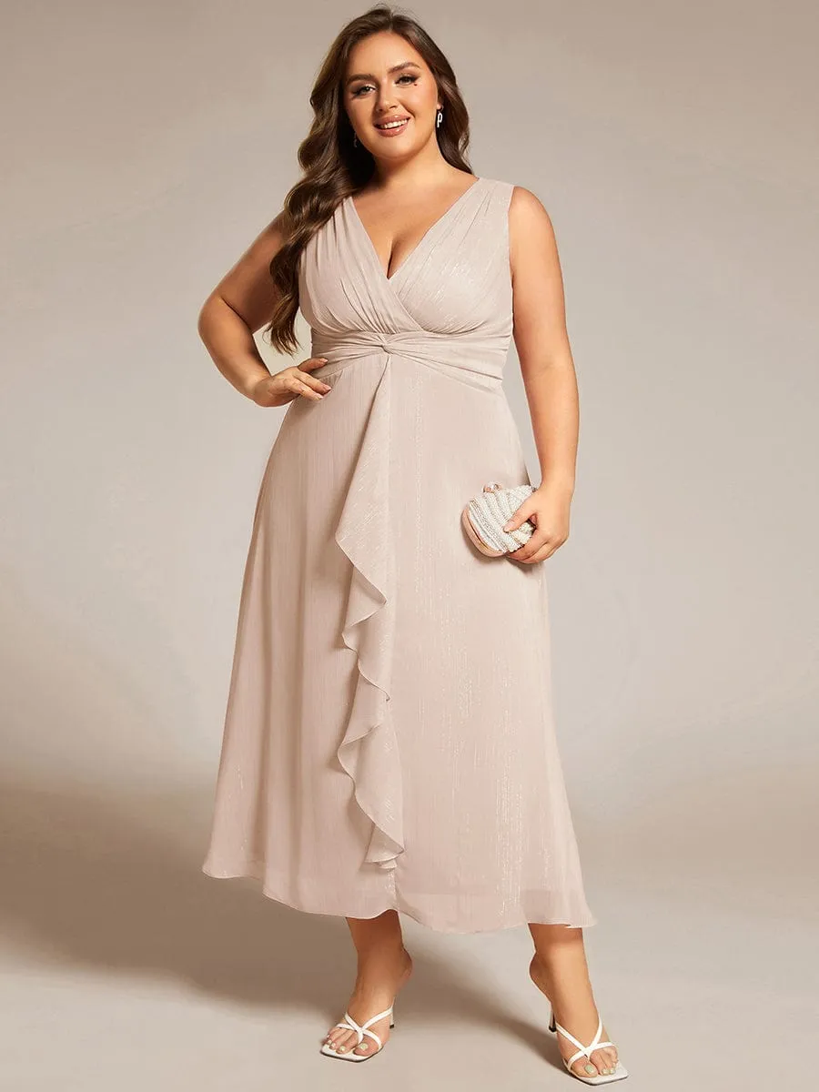 Glitter Sleeveless A-Line Midi Wedding Guest Dress with Ruffled Hem