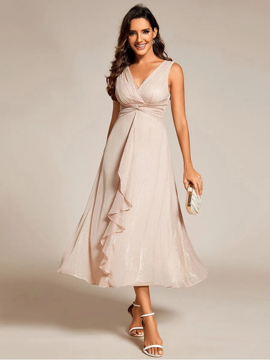 Glitter Sleeveless A-Line Midi Wedding Guest Dress with Ruffled Hem