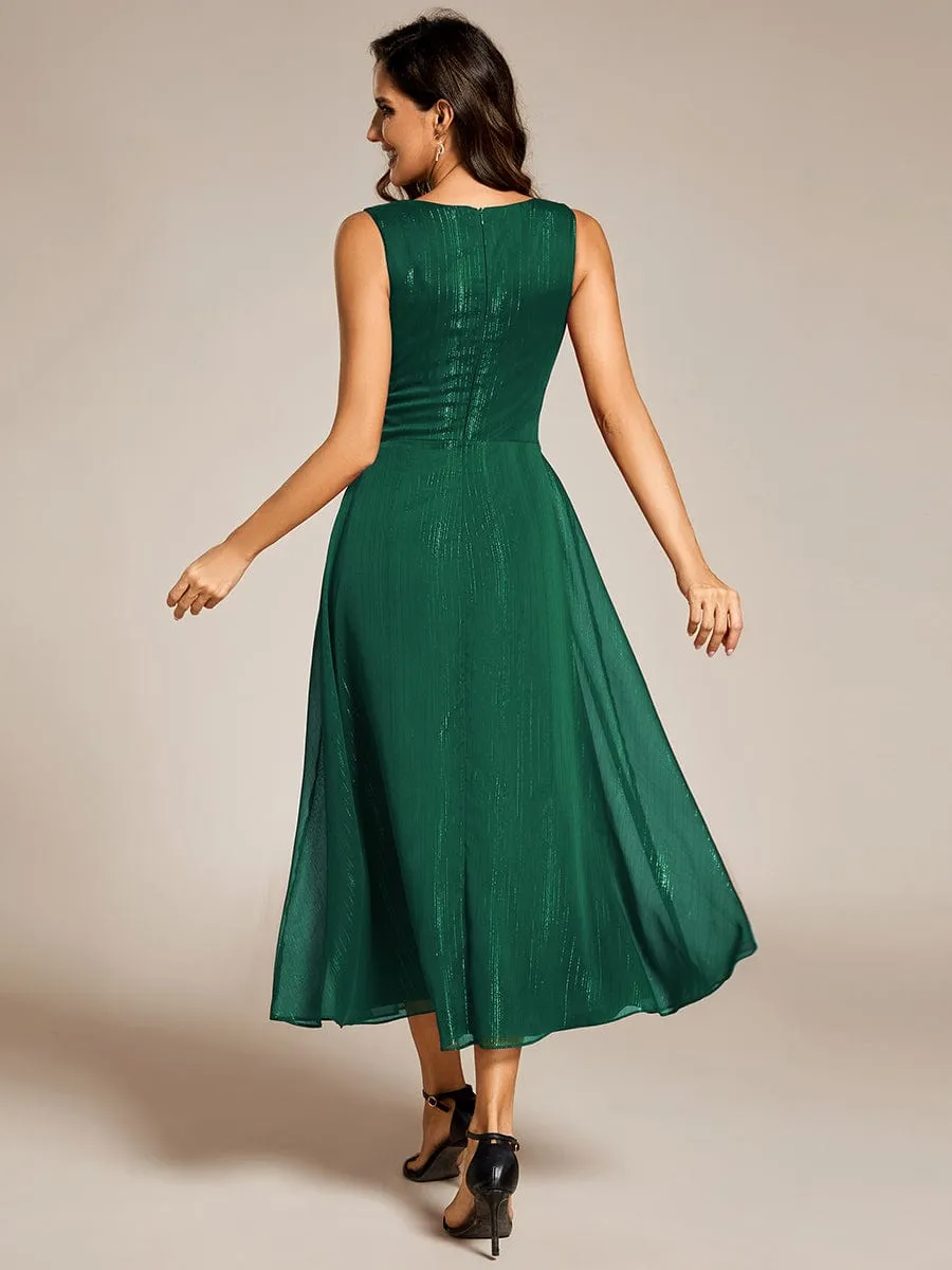 Glitter Sleeveless A-Line Midi Wedding Guest Dress with Ruffled Hem