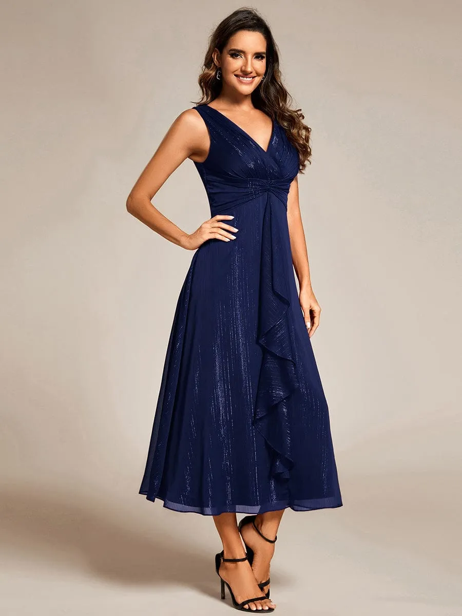 Glitter Sleeveless A-Line Midi Wedding Guest Dress with Ruffled Hem