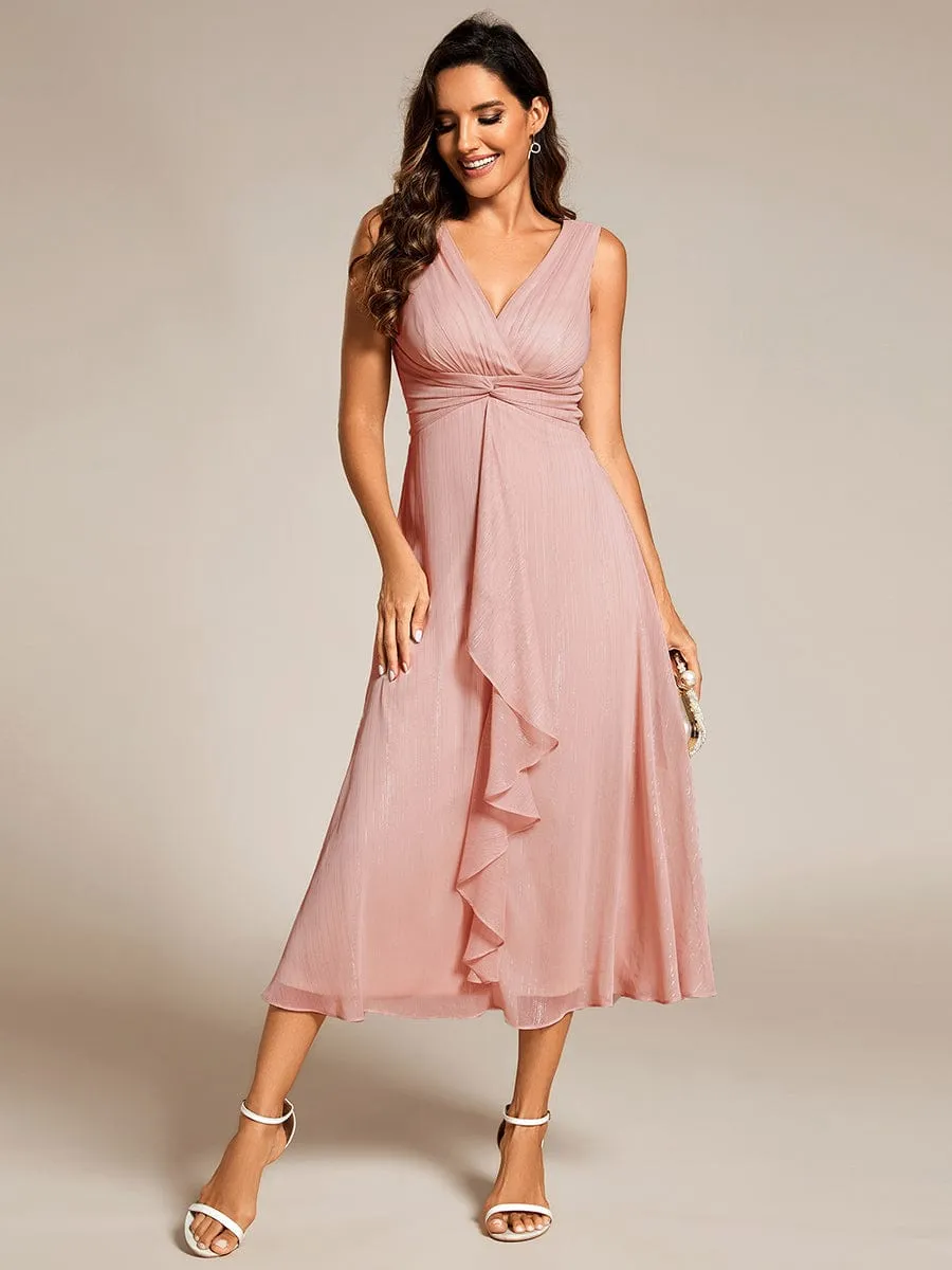 Glitter Sleeveless A-Line Midi Wedding Guest Dress with Ruffled Hem