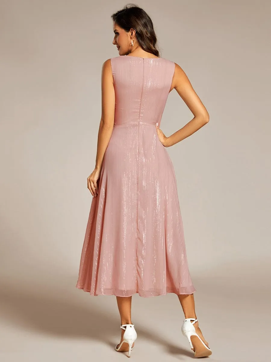 Glitter Sleeveless A-Line Midi Wedding Guest Dress with Ruffled Hem