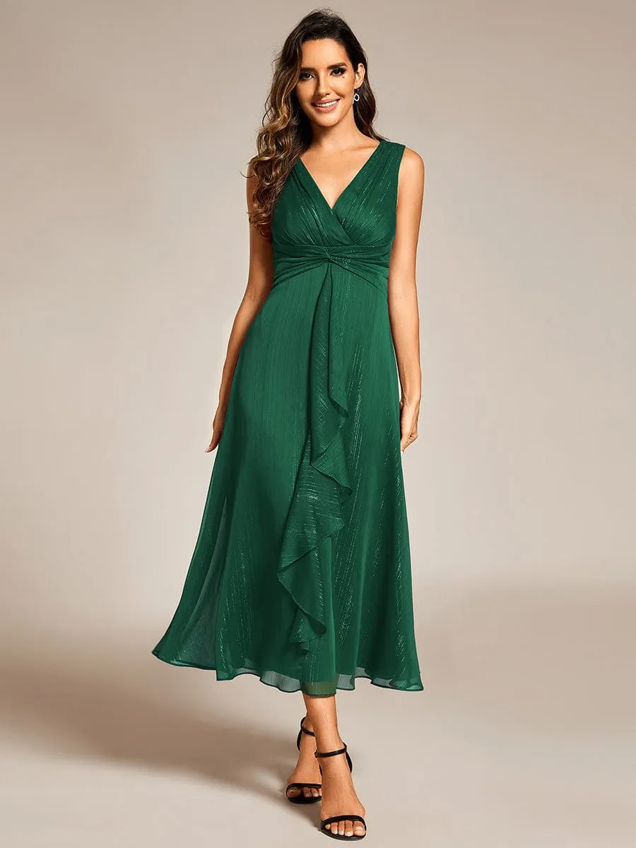 Glitter Sleeveless A-Line Midi Wedding Guest Dress with Ruffled Hem