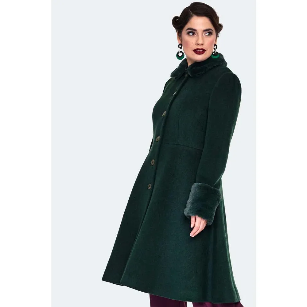 Green faux fur trim polywool flare 50s coat