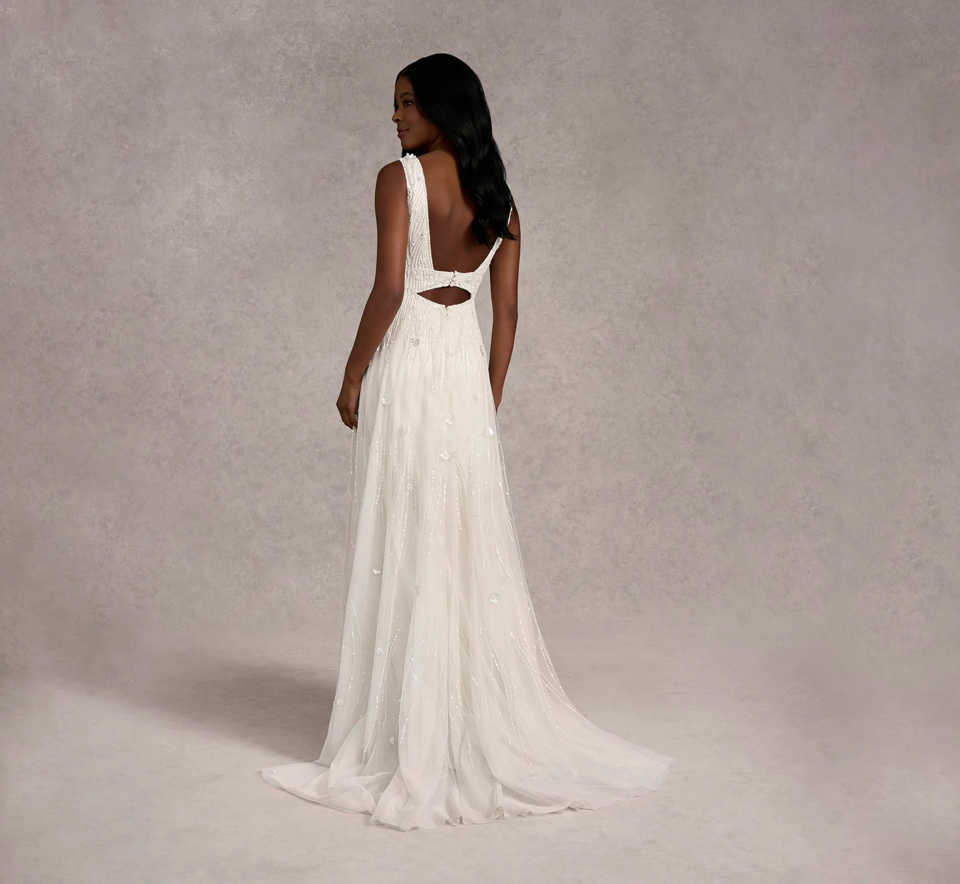 Handed Beaded Mesh Double Waist Soft A-Line Gown In Ivory Ivory