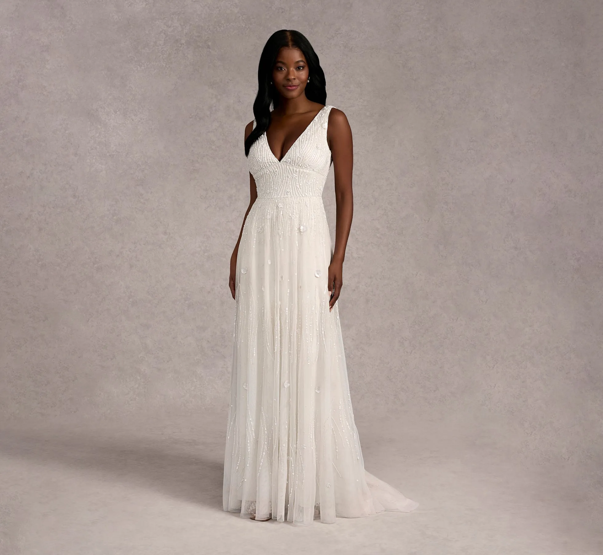 Handed Beaded Mesh Double Waist Soft A-Line Gown In Ivory Ivory