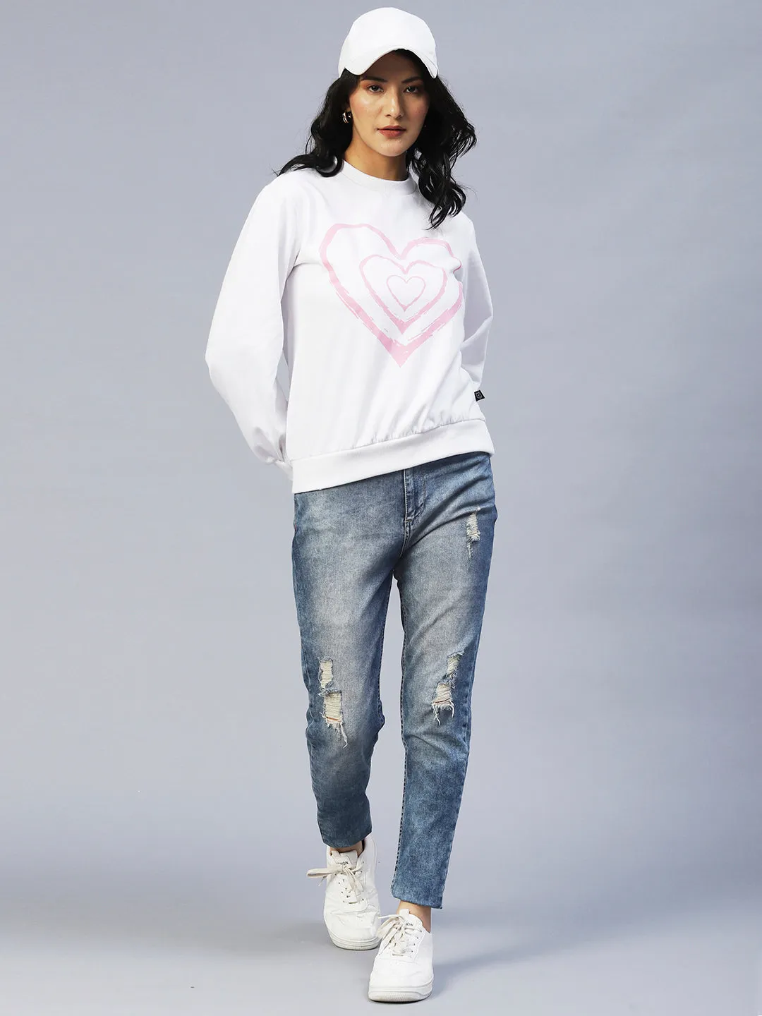 Heart Print Peasant Sleeve Fleece Sweatshirt