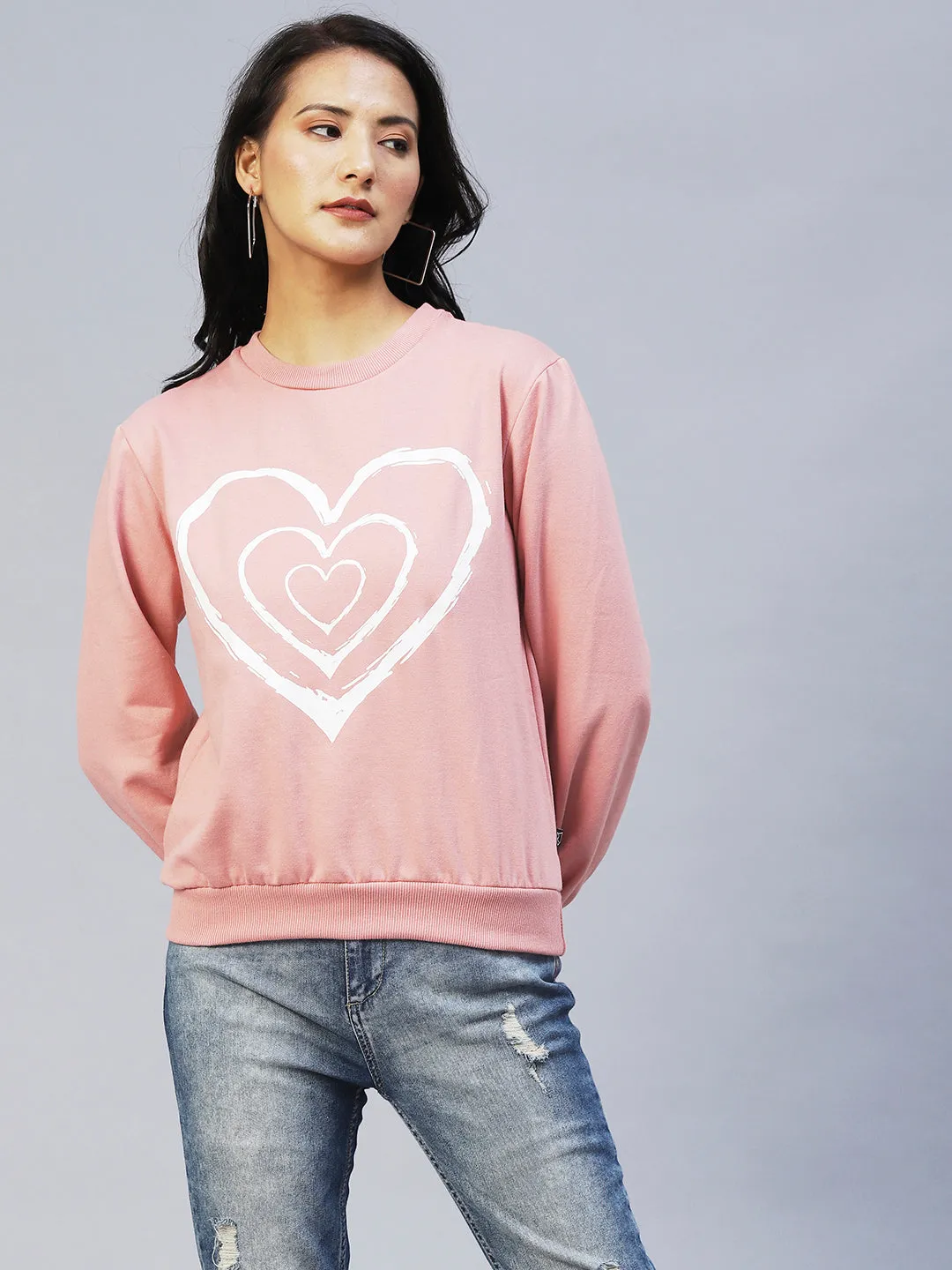 Heart Print Peasant Sleeve Fleece Sweatshirt