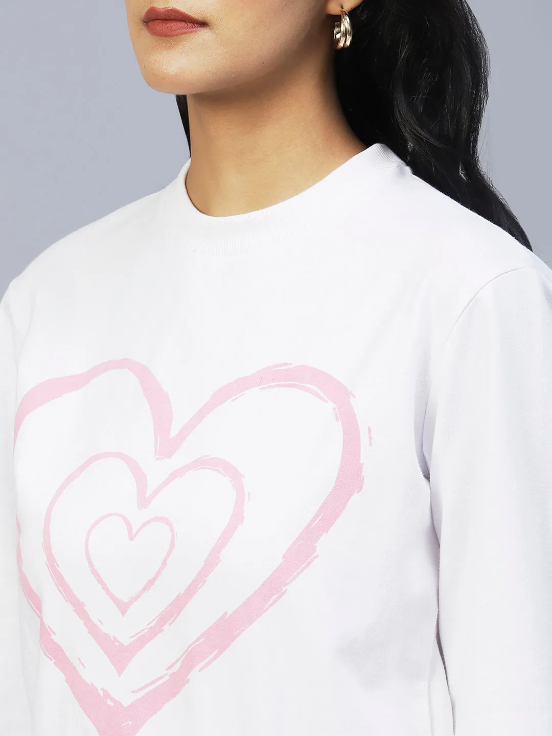 Heart Print Peasant Sleeve Fleece Sweatshirt